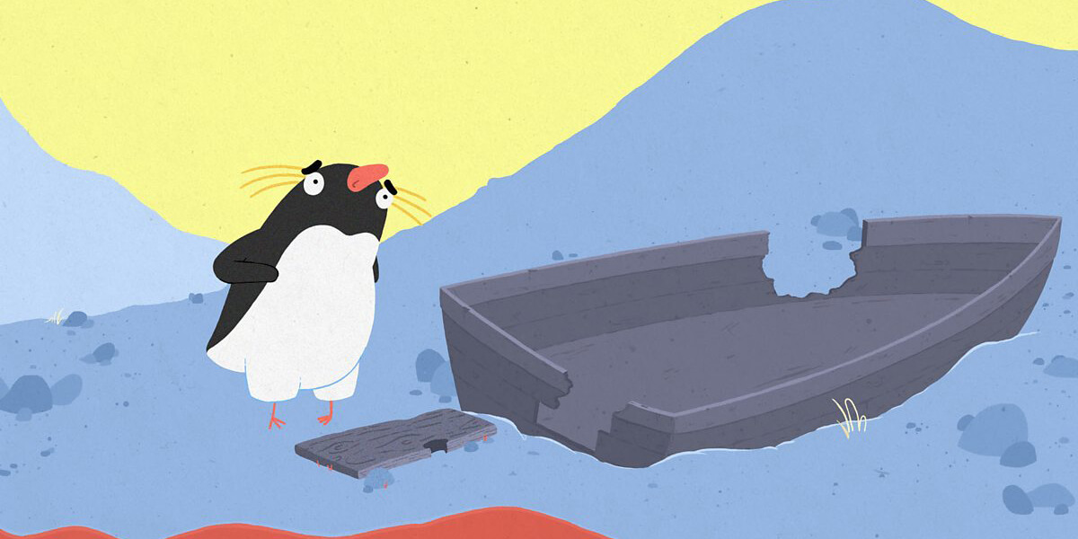 Cartoon still image showing a penguin standing next to a broken boat